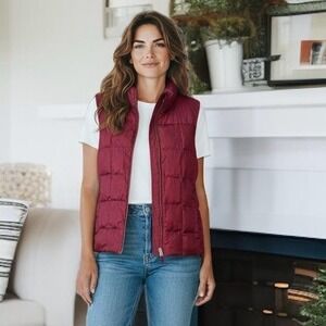 Lands' End Vest Womens Small 6-8‎ Burgundy Herringbone Puffer Quilted Full Zip